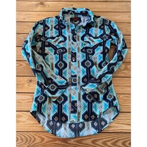 Rock & Roll Vintage Pearl Snap Denim Patterned Shirt Size Small Men’s Blue Front